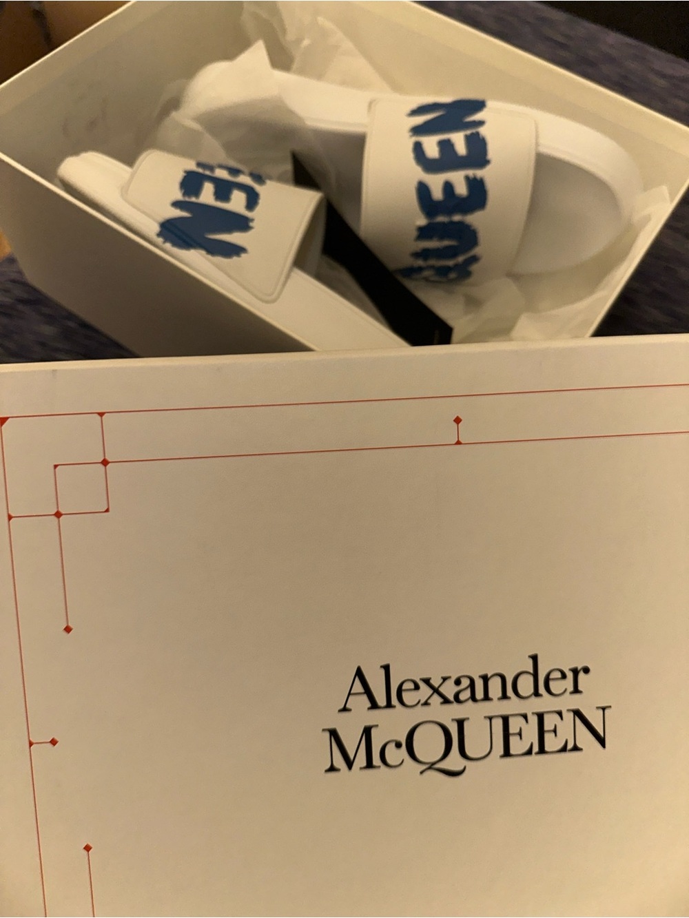 Alexander McQueen white pool slides with Blue Script Logo